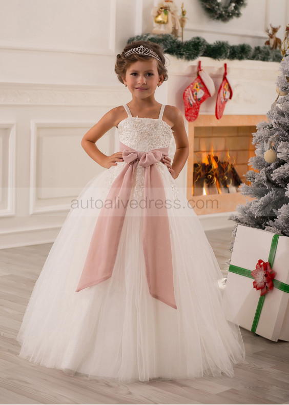 Ivory Lace Tulle Beaded Flower Girl Dress With Mauve Sash Ivory Lace Tulle Beaded Flower Girl Dress With Mauve Sash